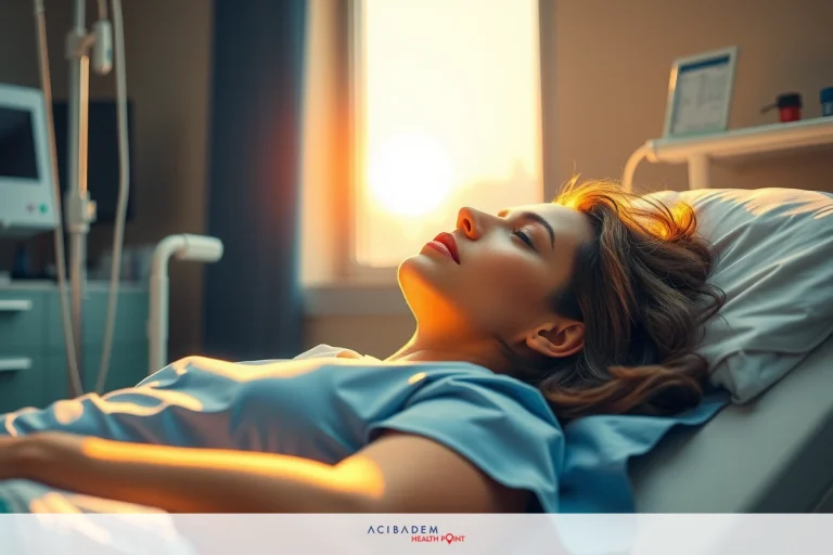 The image features a woman lying on a hospital bed, likely undergoing treatment. She is in her mid-twenties with short hair, and she is wearing a green hospital gown.