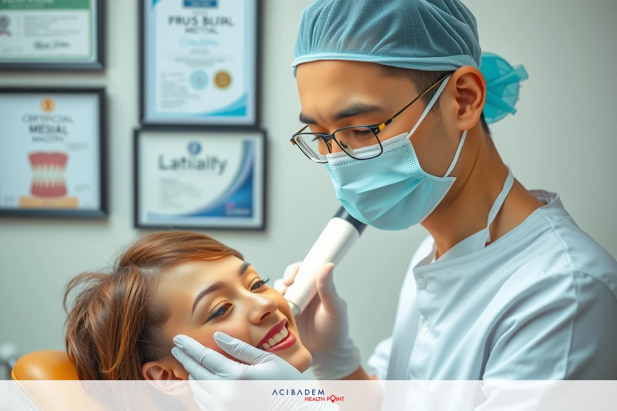 The image shows a dental professional in protective headwear performing a dental examination on a patient. The environment suggests a professional dental setting, and the focus is on the interaction between the dentist and the patient.