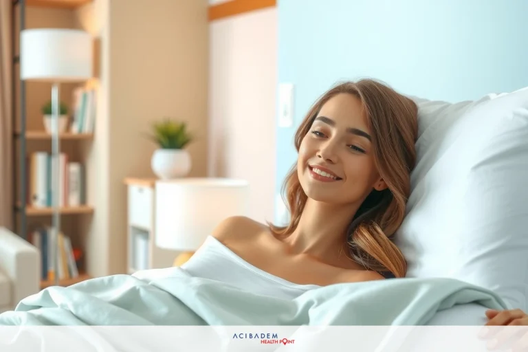 BBL Day of Surgery The image features a woman lying in a modern, spacious bedroom. She is comfortably nestled on a bed with white linens and is wearing a light blue dressing gown that adds to the serene ambiance of the scene.