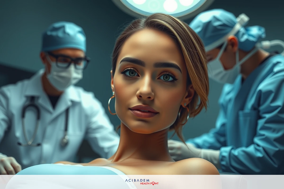 A young woman is seated on a medical examination table. She appears to be in a clinical environment, likely at a hospital or a medical facility. There are medical personnel wearing surgical attire assisting her.