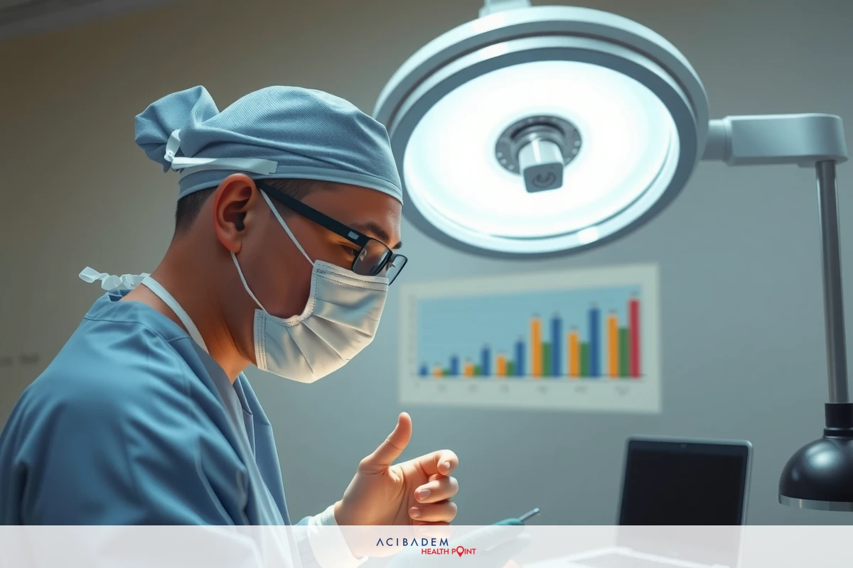A surgeon in an operating room, focused on his patient. He is wearing a mask and surgical attire.