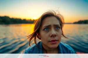 Image features a young woman sitting on edge of boat. She is looking out at sunset over calm body of water. Her expression is contemplative, and the colors in the image are warm with hues of orange from the sky.