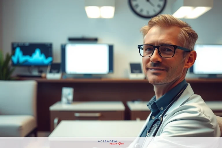 Image of a man with glasses wearing a doctor's coat and tie, sitting at his desk in an office environment.