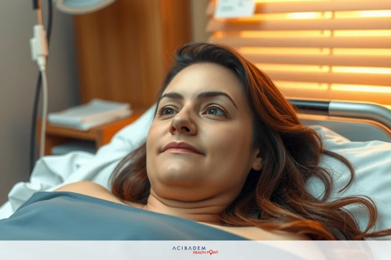 Tampa Plastic Surgery BBL The image shows a woman lying on her back in what appears to be a hospital bed. She is wearing loose, light-colored pajamas.