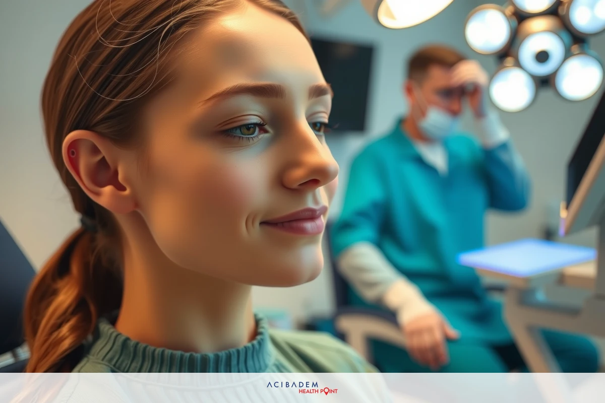 This image depicts a medical setting. In the foreground, there is a woman with long hair who appears to be seated and looking slightly to her left with a focused expression.