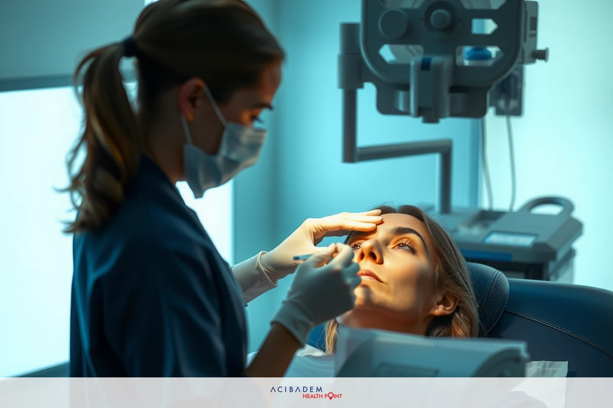 A woman in a medical mask and gloves is performing cosmetic surgery on a woman lying down. The surgeon has a scalpel and other medical tools visible, indicating a professional healthcare environment.
