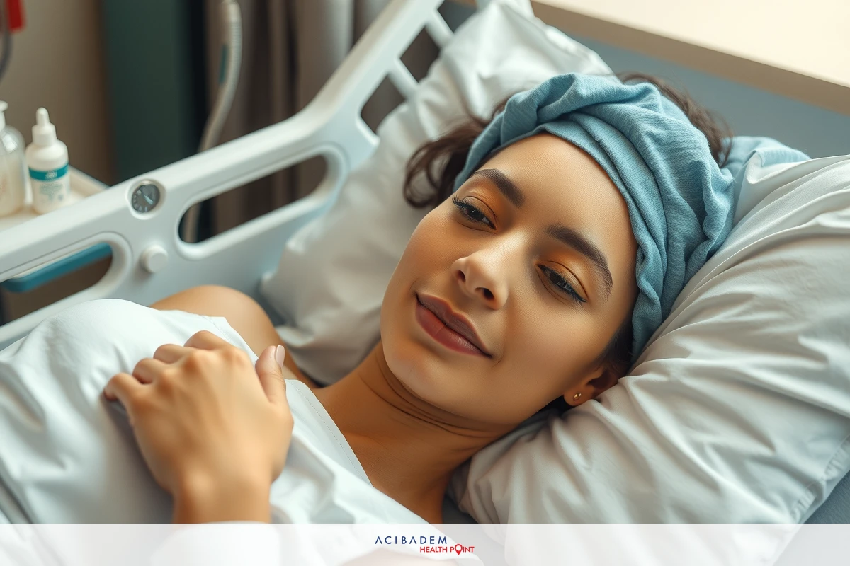 A woman lying in a hospital bed, possibly recovering from surgery or an illness. She has an IV hooked up to her arm and is smiling while looking at the camera.