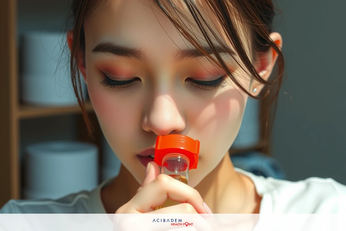 This is a portrait-style photograph of a young woman. She appears to be indoors, with the interior of a home setting visible in the background. The woman's expression is contemplative, and she holds an object up to her face.