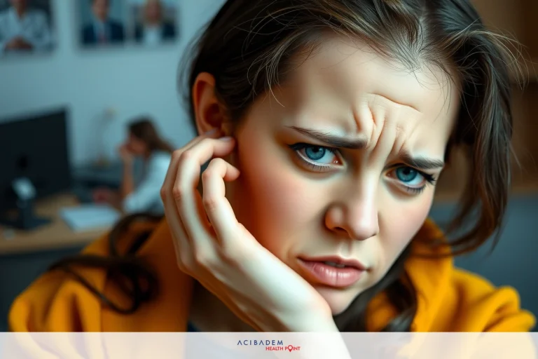 A young woman with brown hair, wearing a yellow sweater and black pants, is holding her head with both hands near an ear. She has a distressed expression on her face.