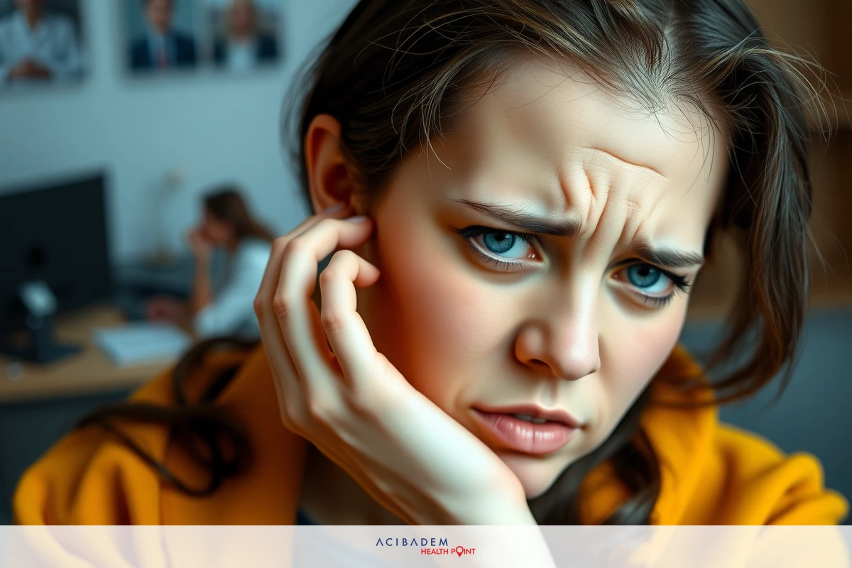 A young woman with brown hair, wearing a yellow sweater and black pants, is holding her head with both hands near an ear. She has a distressed expression on her face.