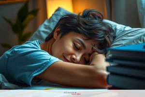 The image shows a person sleeping on their stomach with their head resting on their arms. They are wearing what appears to be a gray t-shirt or sleeveless top, and the setting suggests they might be in a bedroom.