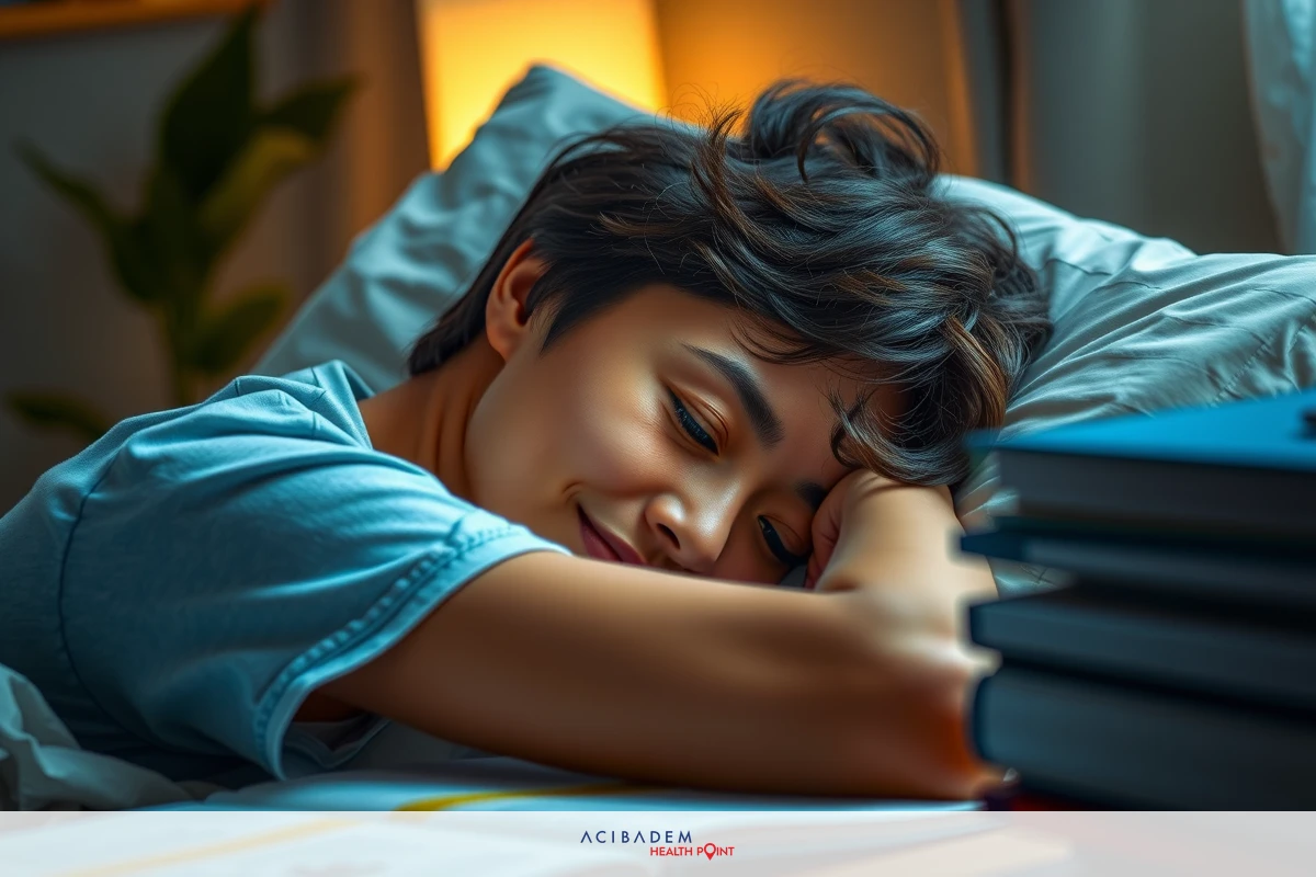 The image shows a person sleeping on their stomach with their head resting on their arms. They are wearing what appears to be a gray t-shirt or sleeveless top, and the setting suggests they might be in a bedroom.