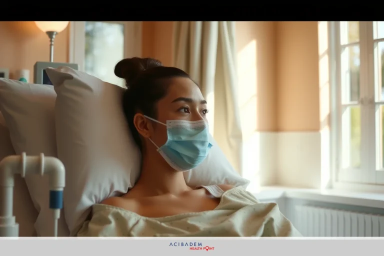 The image shows a woman in a hospital bed wearing a surgical mask. She appears to be intubated and hooked up to medical devices, suggesting she is either undergoing or recovering from a medical procedure.