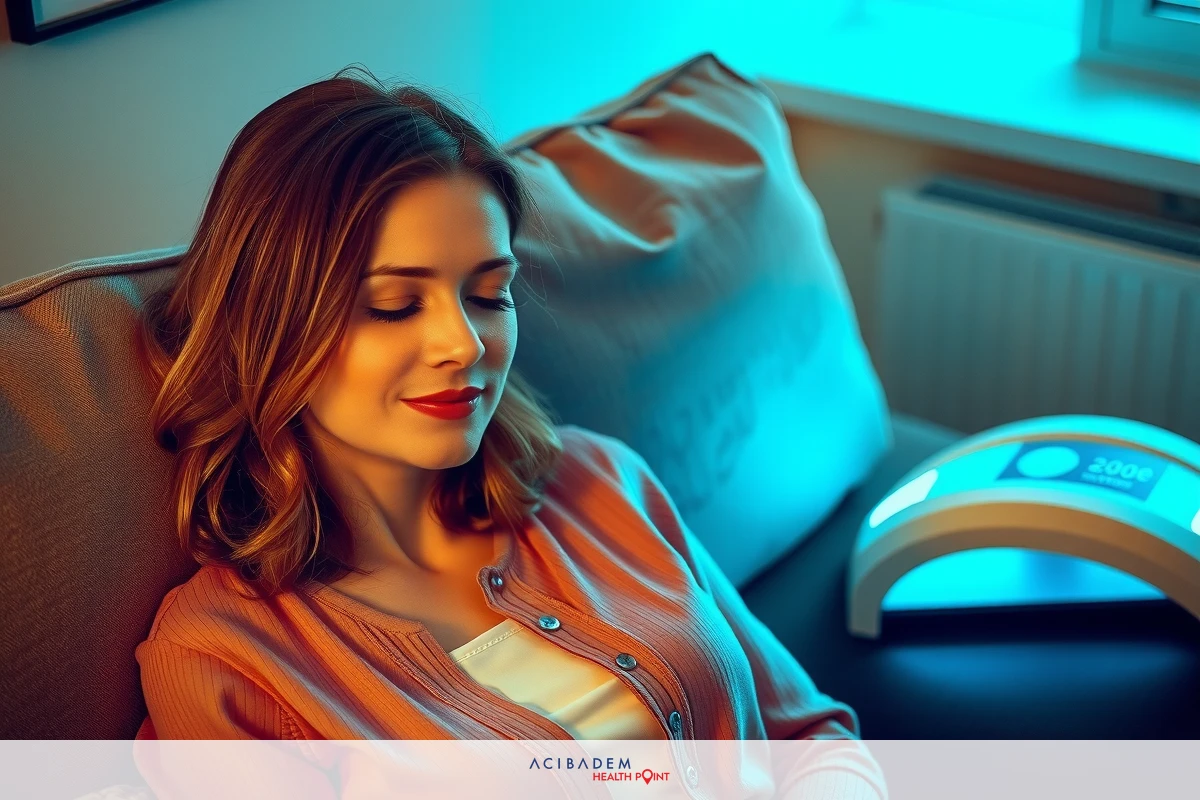 A woman is relaxing with her eyes closed. She is laying down on a sofa, and there's a small blue object next to her that could be a heating pad or some sort of electronic device.
