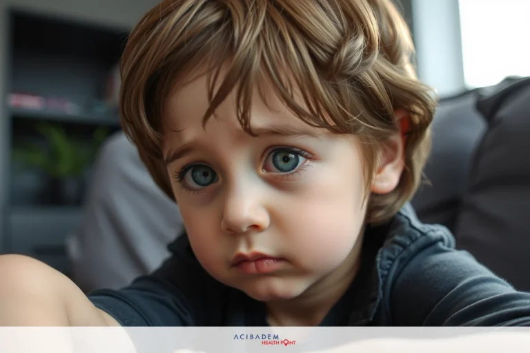 Does LASIK Fix Lazy Eye? The image shows a young child looking down with an expression of concern or sadness. The child has long, curly hair and is wearing a gray top.