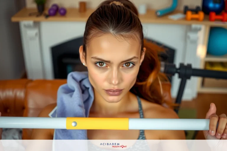 Woman is doing exercises at home. She is using yellow and white dumbbells. In the background, there's a couch and some exercise equipment on a shelf.