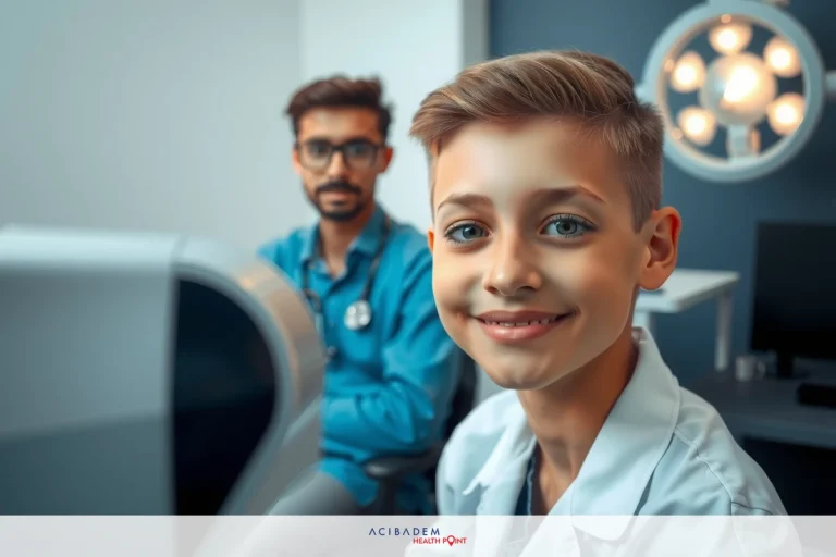A young boy is seated in a doctor's office, smiling at the camera. A doctor stands beside him, dressed in professional attire. Both are positioned in front of a medical machine. The room has a clinical atmosphere with white walls and lighting.