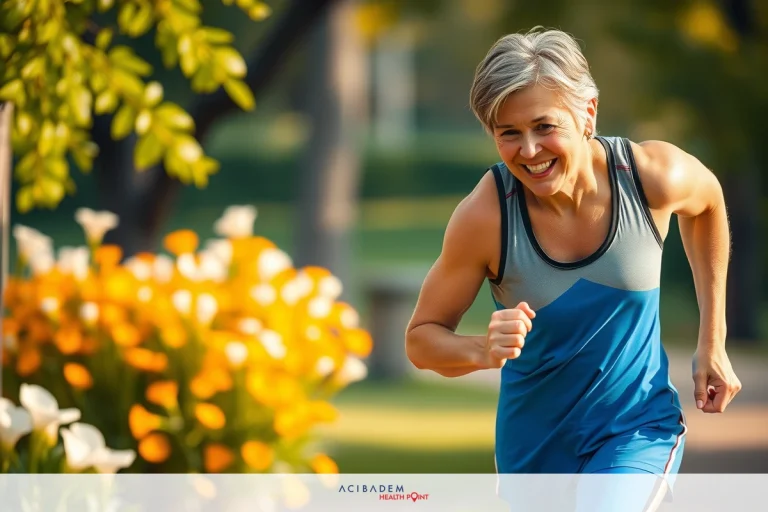 A middle-aged woman in a blue top and shorts is jogging on a path during daytime. She is smiling, looking upwards towards the sky with one hand on her hip and the other near her waist.