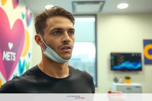 This is a color photograph of a man wearing a face mask while exercising. He appears to be indoors, possibly in a gym or exercise room with a window that lets in natural light.