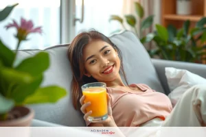 A young woman relaxing on a couch, holding a glass of orange juice in her hand. She is smiling and seems to be enjoying the moment. The room is decorated with potted plants, creating a cozy atmosphere.