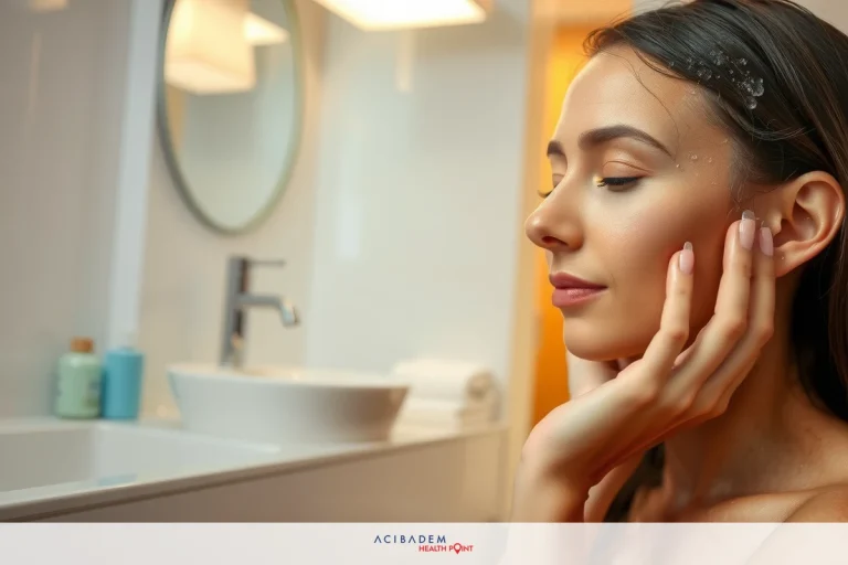 The image shows a woman in the bathroom, engaged in a self-care activity. She appears to be applying something to her skin or massaging it with both hands.