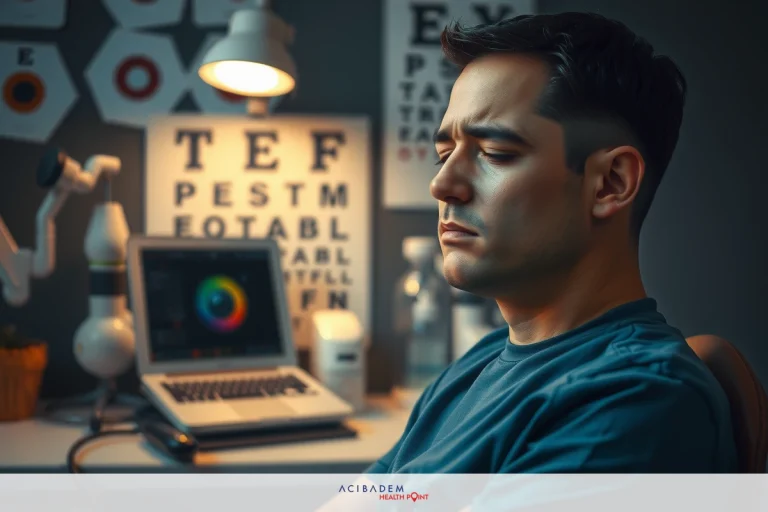 Man sitting at desk with laptop, head in hands, looking contemplative. Office environment with various items on desk.