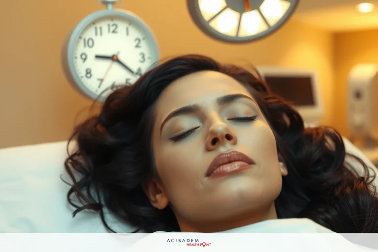 The image depicts a woman lying on her back in a hospital bed. She has her eyes closed, and her face is relaxed with a neutral expression. Her hair appears dark and it's not tied back.
