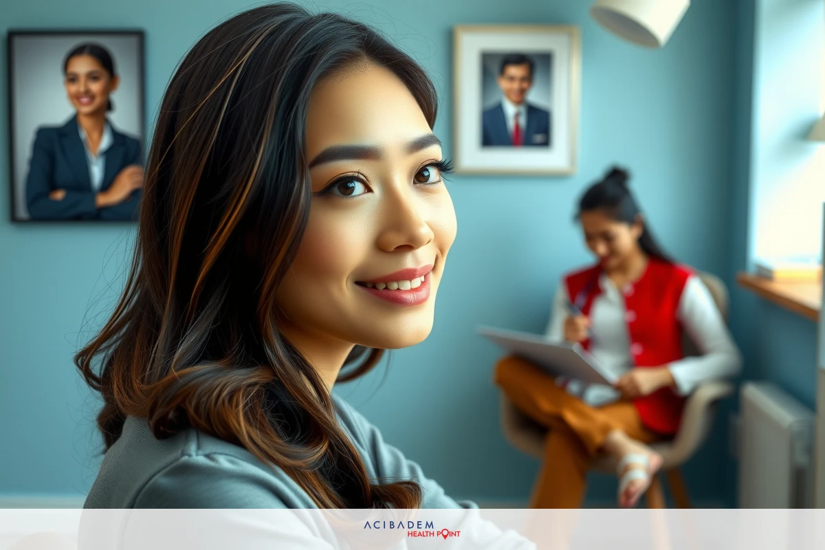 Woman sitting at desk in modern office environment. She has a smile on her face and appears to be looking at something off-camera with interest.