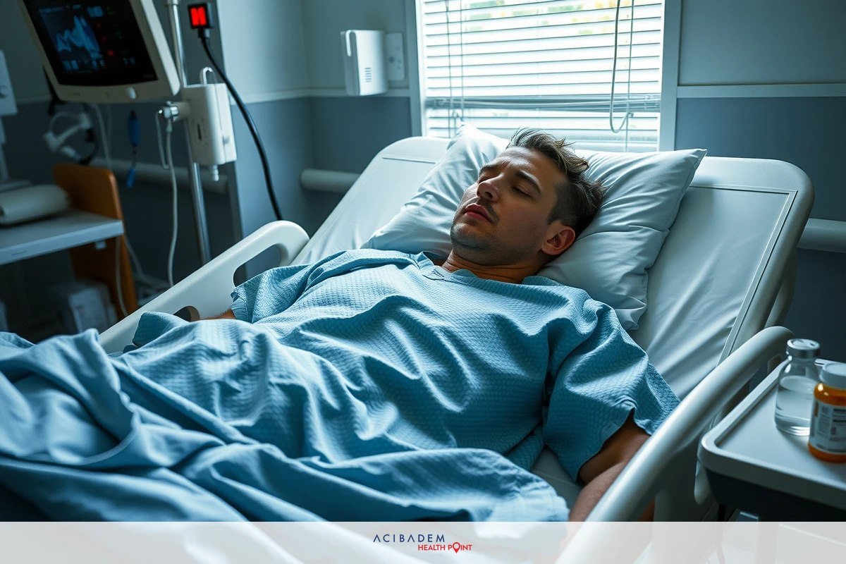 The image shows a young adult male lying in a hospital bed. He is wearing a gown and appears to be either resting or asleep.