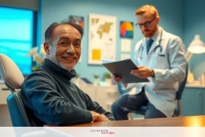 This image depicts a medical office setting. In the foreground, there is a man wearing glasses seated at a table with his hands clasped together in front of him. He appears to be relaxed and is smiling slightly as he looks towards the camera.