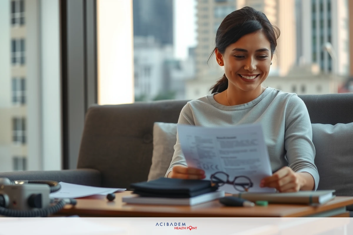 Young woman in casual business attire sitting on a couch, smiling and looking at documents or papers on a desk. She appears to be reading or reviewing important papers. The office setting has modern furnishings with natural light coming through windows.