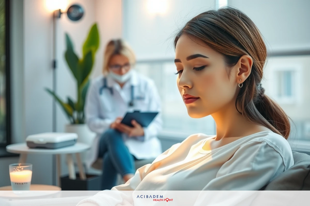 The image shows an indoor setting, likely a medical office. There is a woman seated on the left side of the couch with her hands clasped in front of her, looking down and away from the camera. To her right stands another woman who appears to be a healthcare professional wearing a white coat, glasses, and holding a clipboard or tablet.