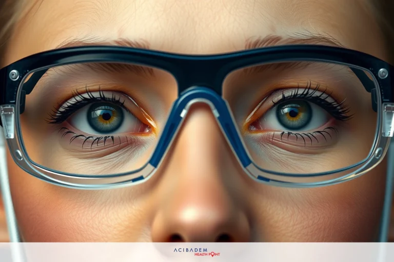 The image features a close-up of a person wearing glasses. The focus is on the eyes and nose, with the rest of the face softly blurred.