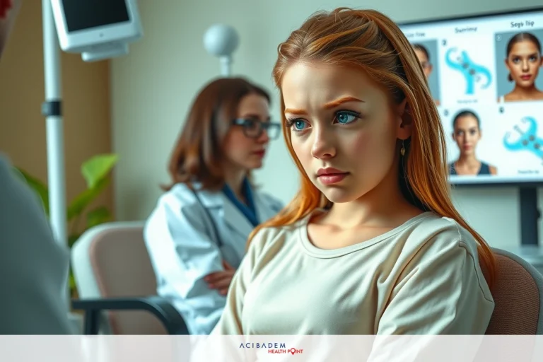 The image depicts a professional medical setting with two women. The central figure, a young woman with red hair and a concerned expression, is seated in front of a monitor displaying images of different facial features. To her right stands another woman dressed in a white coat, likely a healthcare professional providing consultation.