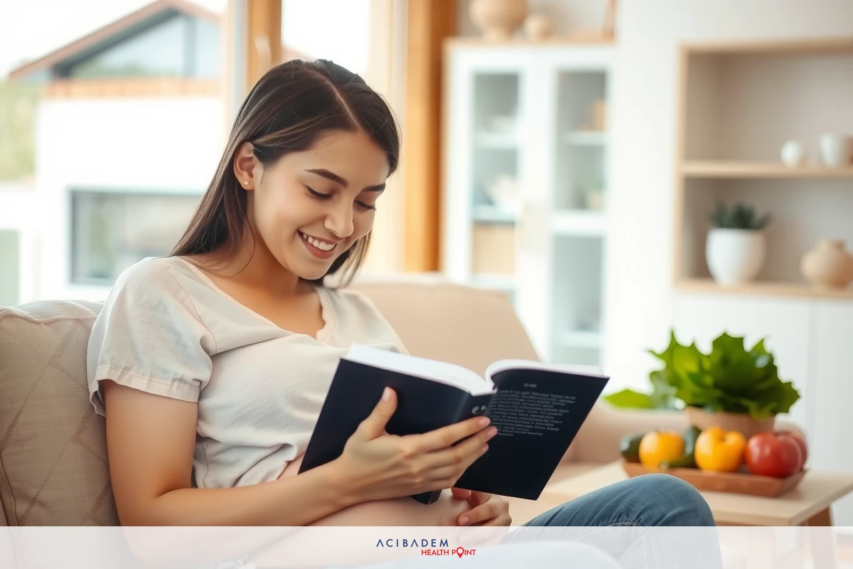 A young woman is sitting on a couch in her living room, holding a book. She's wearing casual clothing and appears to be reading the book comfortably.