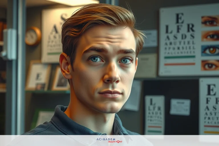 The image shows a young man with fair skin and light blue eyes, looking directly at the camera. He has short hair and appears to be in an indoor environment with a clinical setting indicated by medical posters on the wall.