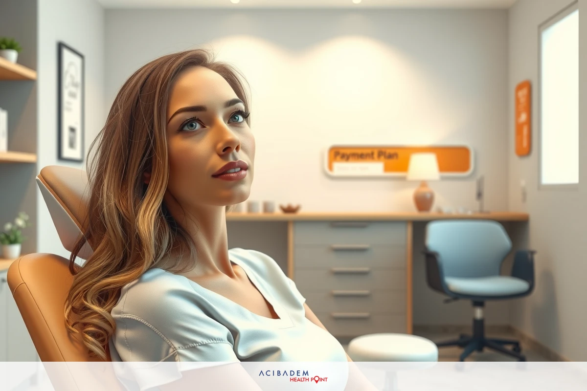 The image features a woman in a doctor's office setting. She is seated in a doctor's chair, looking directly at the camera and exhibiting an expression of concentration or contemplation. The setting is evocative of a modern, clean medical clinic office, with various pieces of equipment and furniture visible, including cabinets, chairs, and a reception desk in the background.