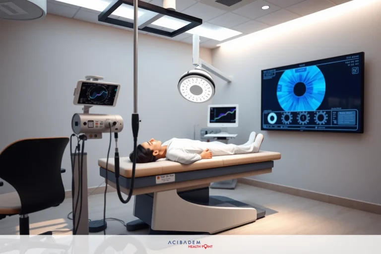 The image shows a modern medical environment with advanced technology. There is a patient lying on an examination table, likely for a CT scan or MRI since there's an intravenous drip attached to their arm and the bed is adjusted for such procedures. Various monitors are visible around the room, some displaying what appears to be vital signs or medical data. A large screen is mounted on the wall displaying medical scans or images, suggesting a diagnostic setting. The chairs in the image have a contemporary design, which contributes to the overall modern and clean appearance of the facility.