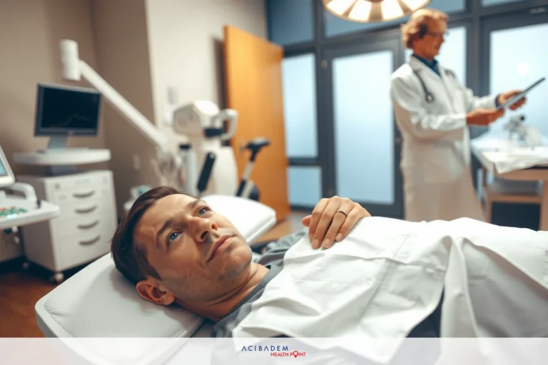 Hospital scene with medical staff and patient. Patient lying on hospital bed with medical equipment around him. Medical personnel standing by the patient side.