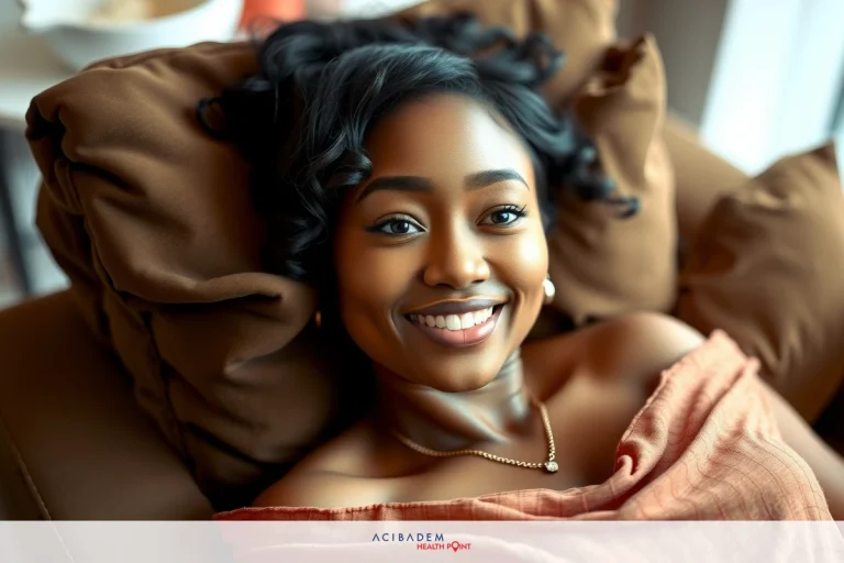 A woman is lying down in a relaxed pose on a brown couch. She is smiling and appears to be enjoying her time. Her attire consists of a gold necklace and she wears a peach-colored dress with loose draping.
