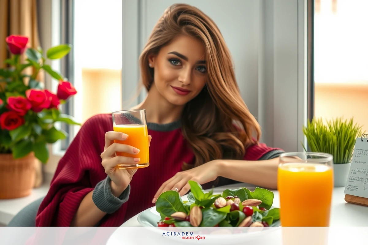 A young woman sitting at a table with a plate of salad and a glass of orange juice. She is holding up the glass in a toast. The background includes indoor elements like curtains, potted plants, and a window frame suggesting a cozy dining room setting.