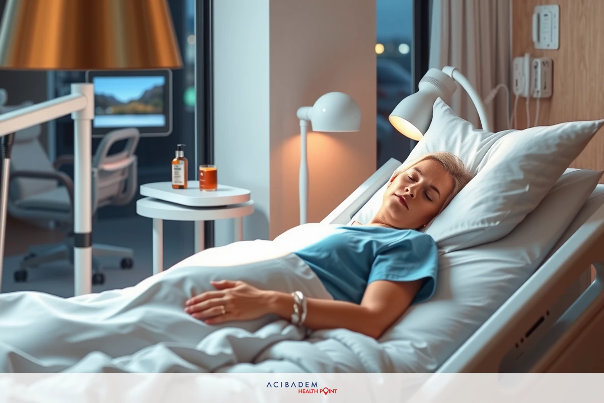 A woman in a hospital bed, possibly recovering from an illness or injury, given her restful pose and medical setting. She is dressed in a blue uniform.