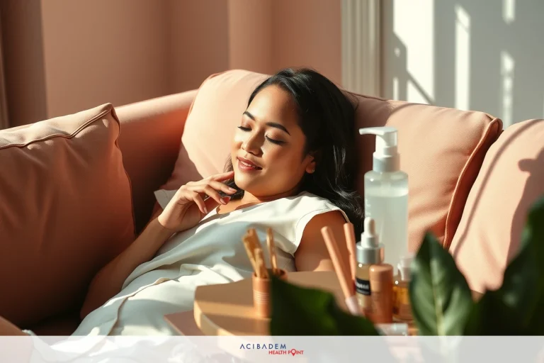 A woman lounges comfortably on a peach-colored sofa in an indoor setting. She is wearing a white top and appears to be enjoying the warmth of the sunshine that streams into the room through large windows.