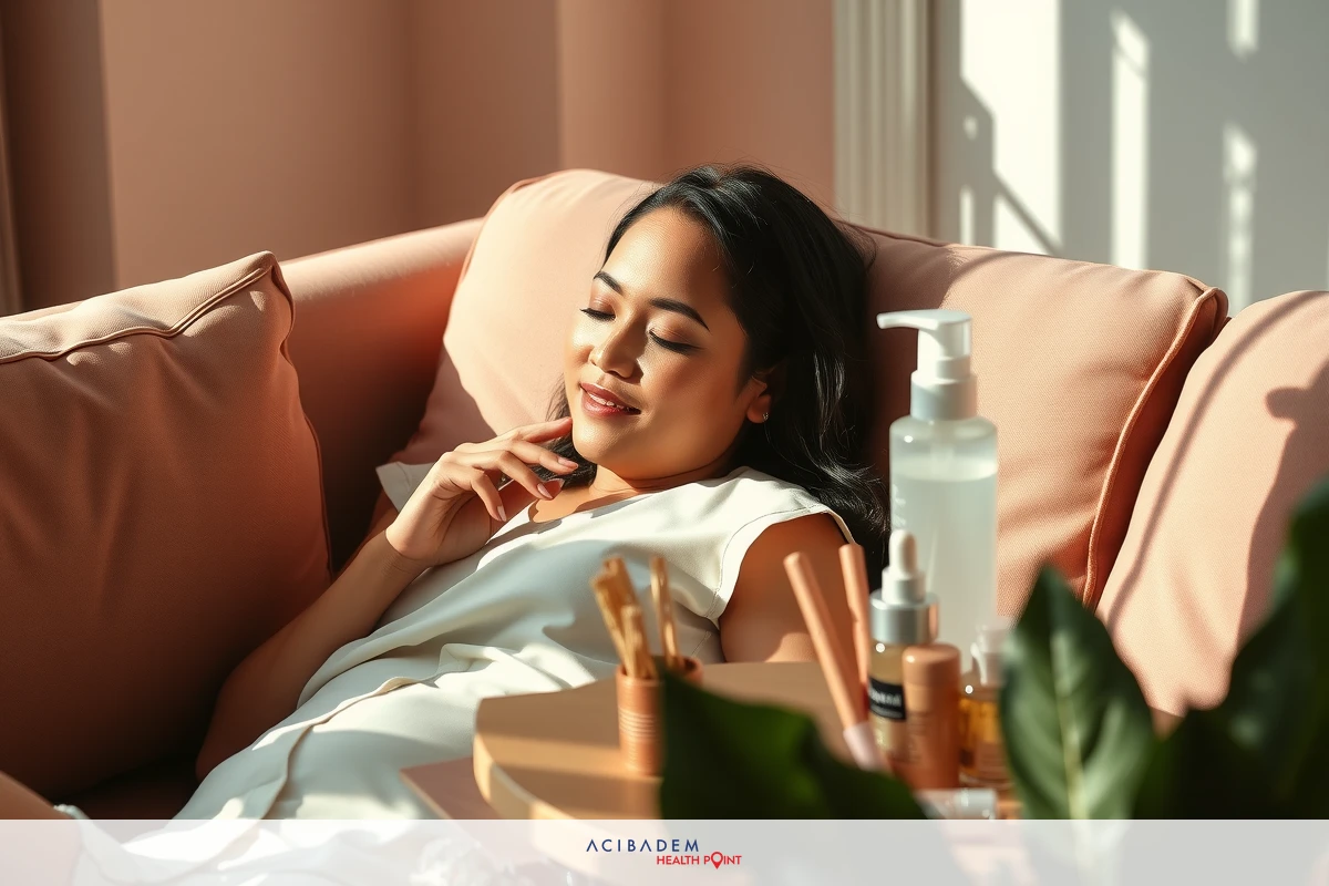 A woman lounges comfortably on a peach-colored sofa in an indoor setting. She is wearing a white top and appears to be enjoying the warmth of the sunshine that streams into the room through large windows.