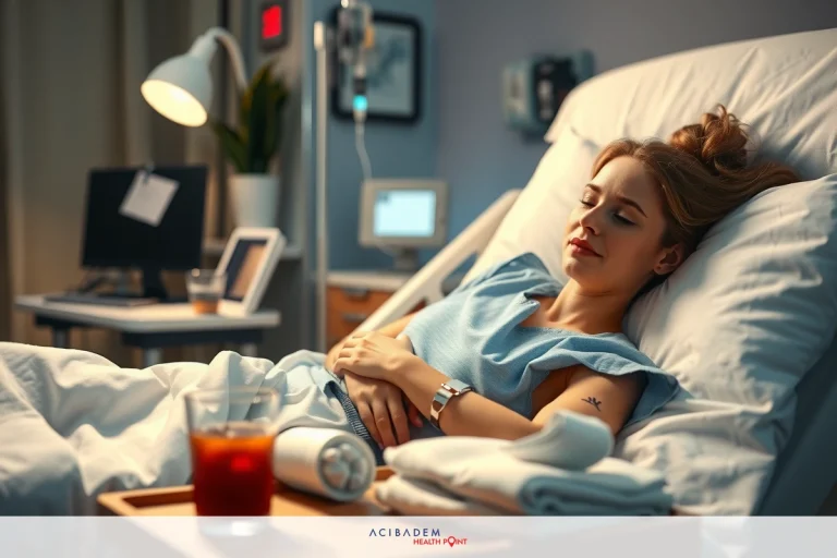 A woman lying in a hospital bed, holding her stomach. The room is sterile with medical equipment around her, including an IV drip and monitors displaying vital signs.