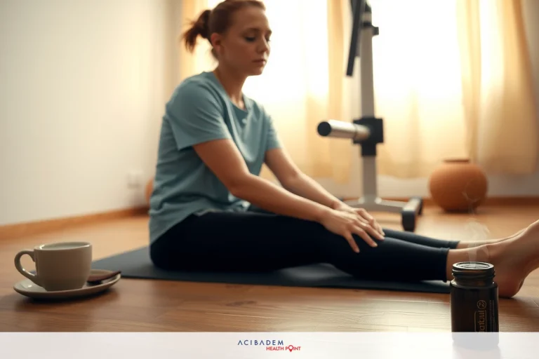Which Position is Best for Post Rhinoplasty Image depicts a woman in a home environment, sitting on the floor with her legs extended out in front of her. She appears to be practicing yoga or meditation. To her side is a cup and a small bowl containing what looks like a snack or food item. The setting is warmly lit, with soft lighting that suggests it might be an interior room during daytime. The woman's attire includes casual clothing suitable for physical activities, and the overall ambiance of the scene is calm and serene.