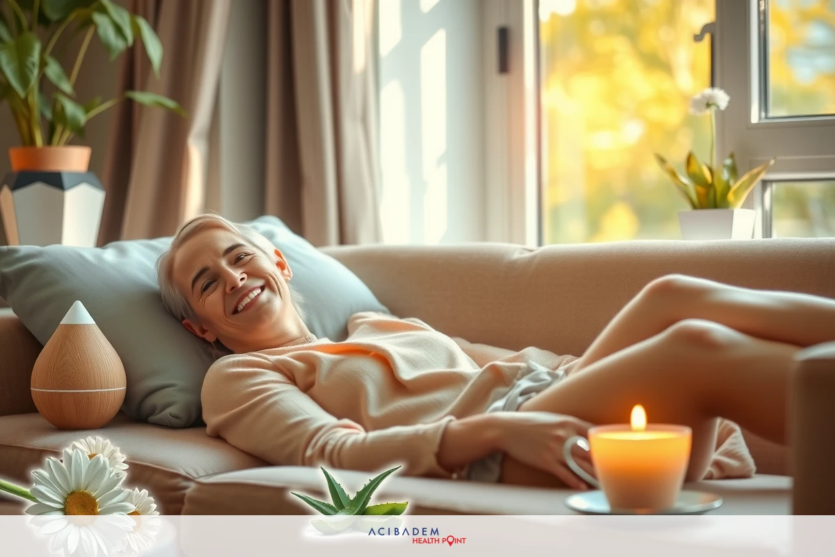 The image shows a person lying on their back, appearing relaxed. The individual is smiling and looking towards the camera. They are wearing minimal clothing and seem to be in a comfortable indoor environment with ample natural light streaming in from an open window, which suggests it might be late afternoon or early evening given the warm tones of the sunlight.