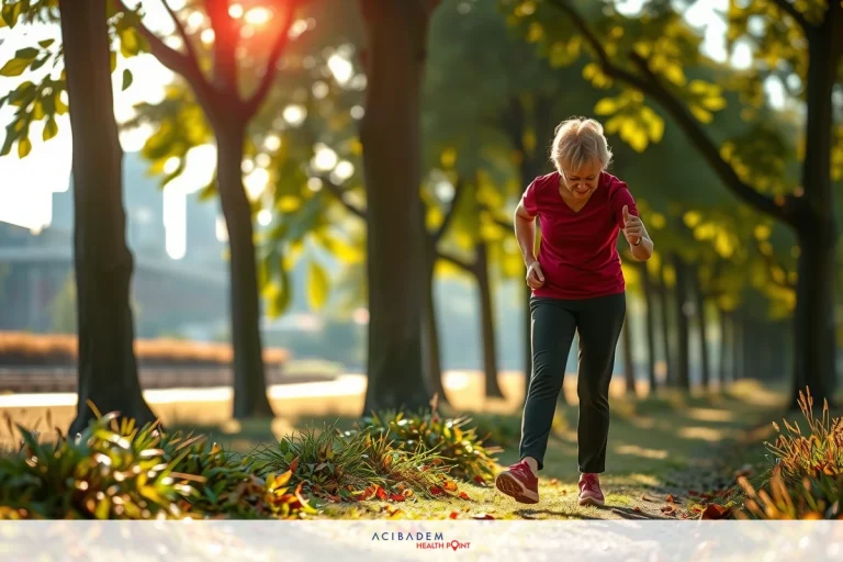 A woman is jogging in a park on an autumn day. The sunlight filters through the trees, highlighting the vibrant fall colors of orange and yellow leaves on the ground. Her athletic attire is red and black, contrasting with her pink sneakers.