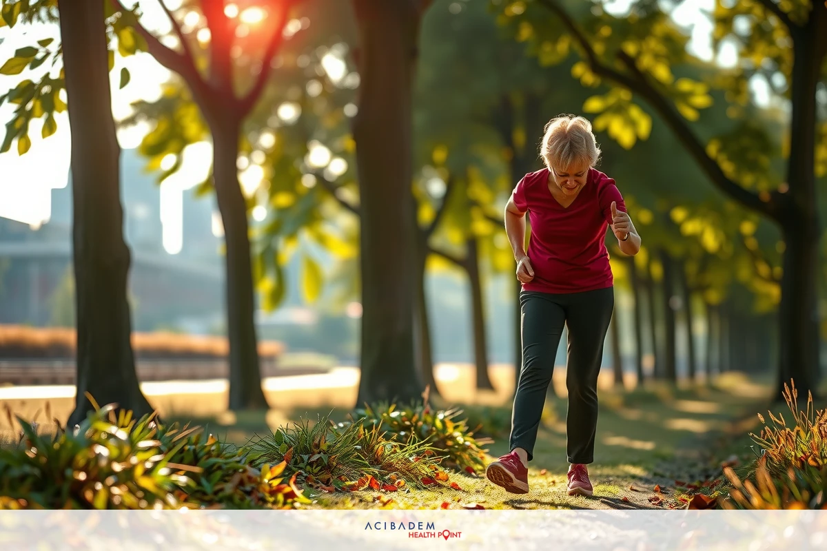 A woman is jogging in a park on an autumn day. The sunlight filters through the trees, highlighting the vibrant fall colors of orange and yellow leaves on the ground. Her athletic attire is red and black, contrasting with her pink sneakers.