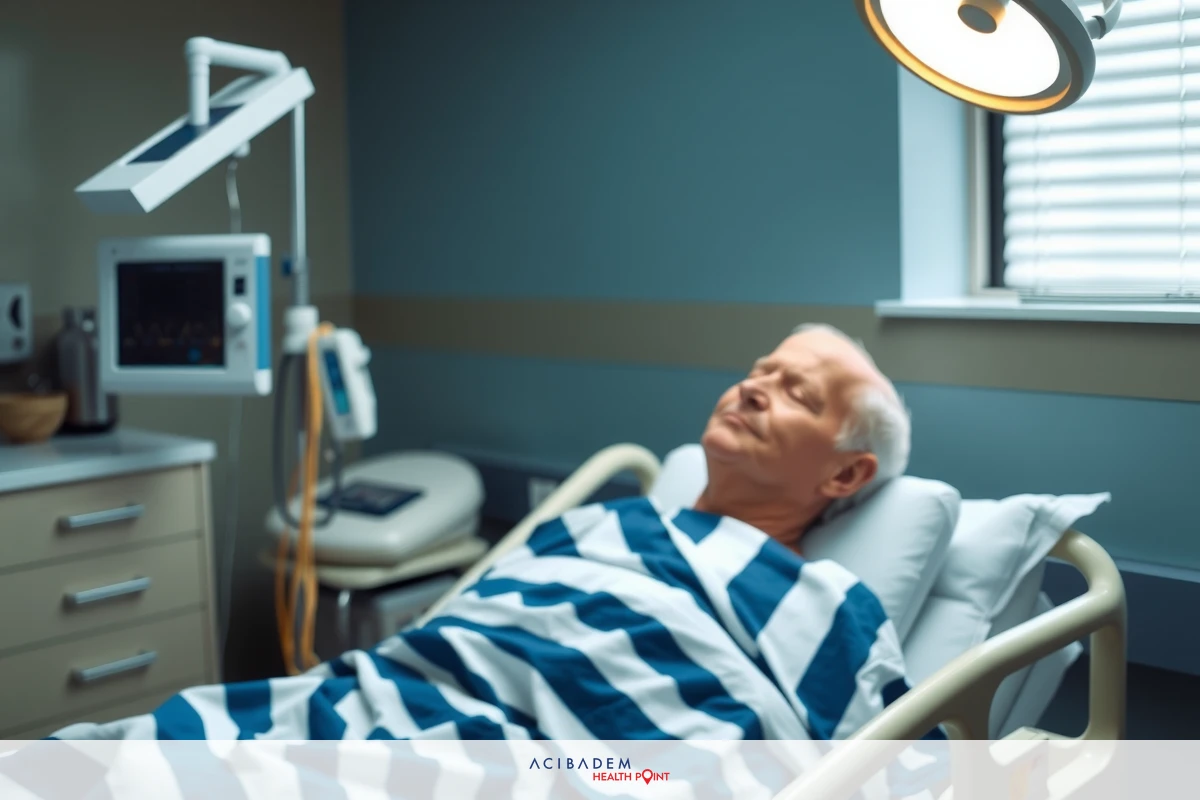 The image depicts an older man lying in a hospital bed, appearing to be ill or possibly dying. The room has medical equipment and furniture typical of a hospital setting. The scene conveys a sense of solitude and the reality of healthcare for older adults.